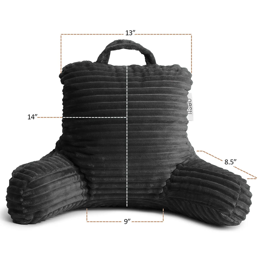 NESTL 3D Shaped Reading Pillow for Bed & Home - Contoured Durable Shredded Memory Foam Back Pillow with Arms, 3 Pockets, Plush Cover, Adjustable Support, Custom Firmness, Handle to Carry, Arms Stay Elevated