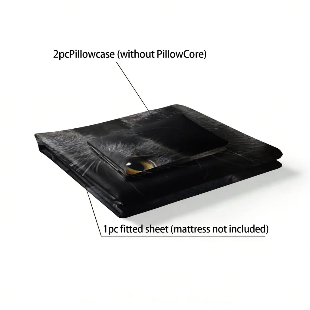 3PCS Black Cute Cat Pattern Printed Bed Sheet Three Piece Set (One Bed Sheet and Two Pillowcases) Bed Sheet Height 9.8 inches, 100% Polyester Material Machine Washable - Suitable for all seasons, ideal for bedroom and dormitory decoration