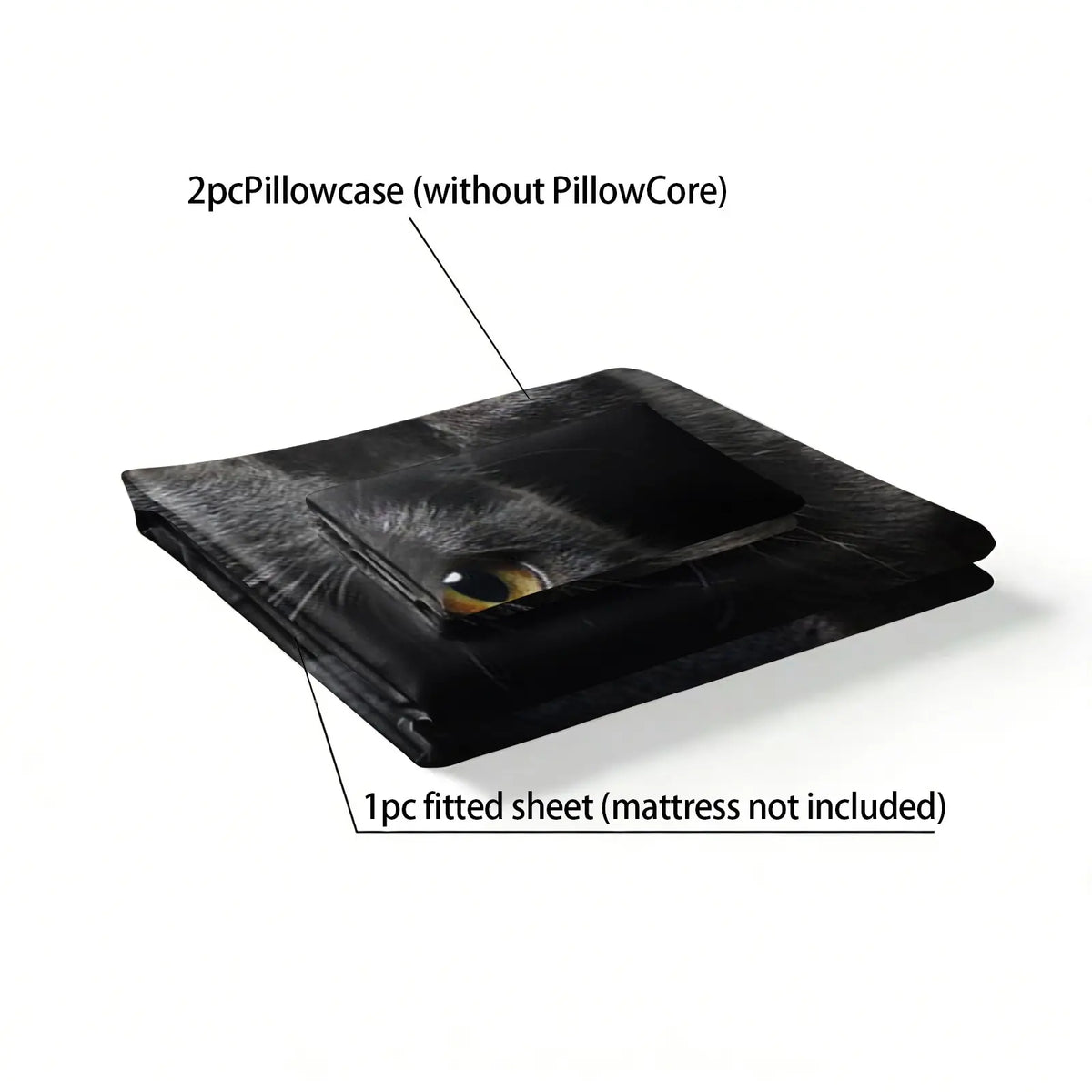 3PCS Black Cute Cat Pattern Printed Bed Sheet Three Piece Set (One Bed Sheet and Two Pillowcases) Bed Sheet Height 9.8 inches, 100% Polyester Material Machine Washable - Suitable for all seasons, ideal for bedroom and dormitory decoration