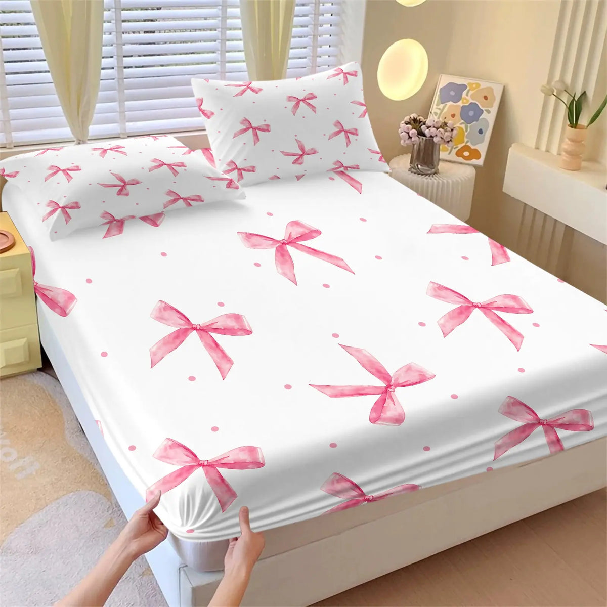 Sweet Gradient All-Over Print Bow Fitted Sheet Set, Includes 1 Fitted Sheet & 2 Coreless Pillowcases, Soft And Breathable Deep Pocket Mattress Cover, Teenage Girls’ Macaron-Style Bedding Set, Cream INS Girly Bedroom Decor, Soft Comfy Bedding