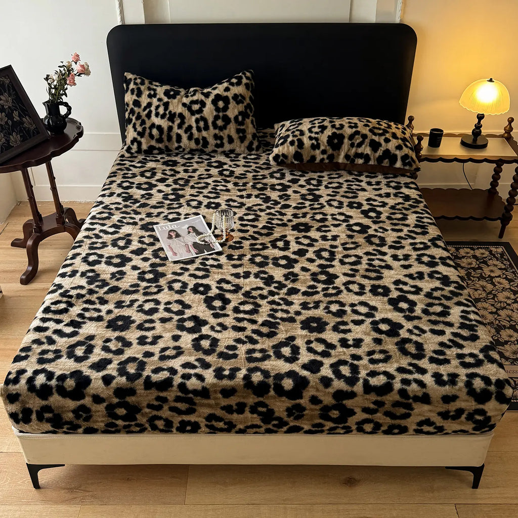 Faux Rabbit Fur Leopard Print Fitted Sheet 3-Piece Set, Bedding Sheets, Bedsheet Sets, Bedding Set – Soft & Warm Solid Color Bedding, Set (Includes 1 Fitted Sheet + 1/2 Pillowcases), All-Season, Bedroom, Dorm, Sofa, Christmas Gift