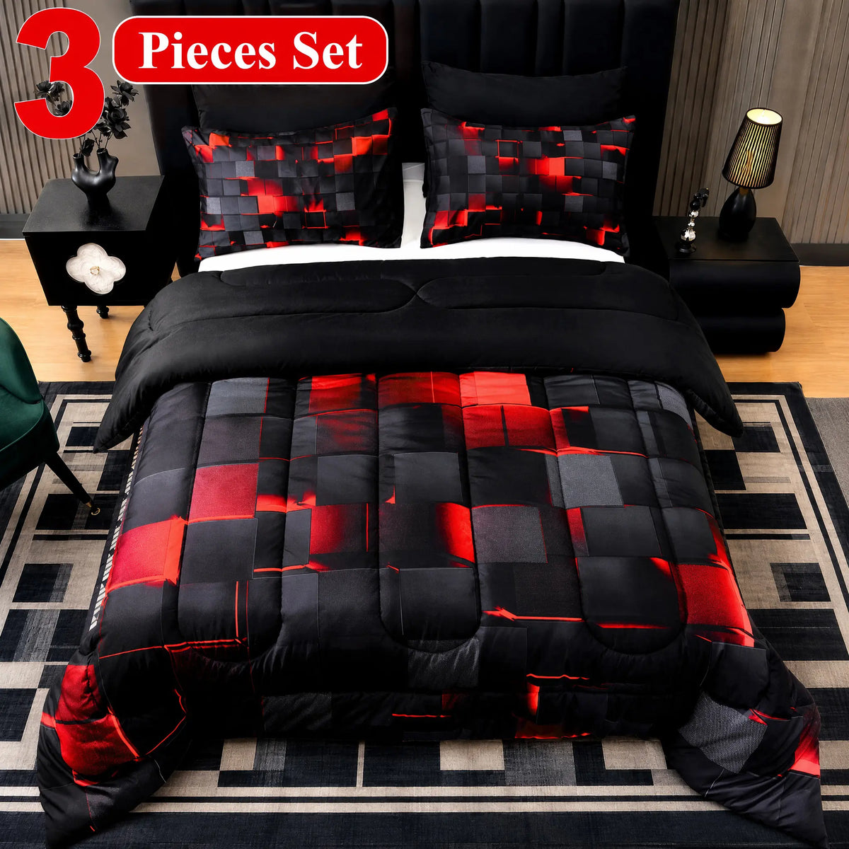 [Weekly Deal] 3/6/7Pcs Geometric Plaid Comforter Set – Modern Blue Cyber Grid Print, All Season Lightweight Bedding with fit Sheets, Soft Breathable Microfiber for Bedroom Dorm mid year sale