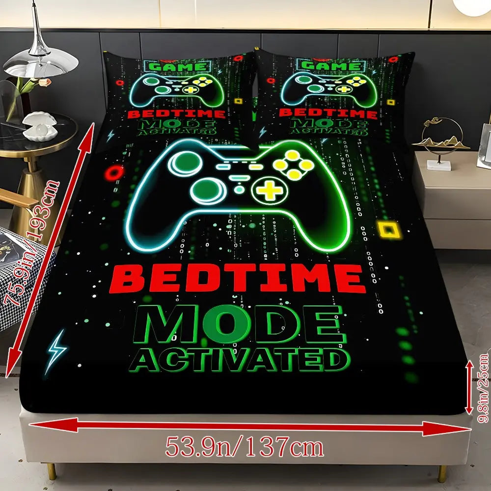 Game Controller Bed Sheet Set (1 Fitted + 2 Pillowcases), Modern Style, Complete Sheet Set, Suitable for Dorms, Bedrooms, Hotels, All Seasons, No Fillers, Polyester Bedding Set