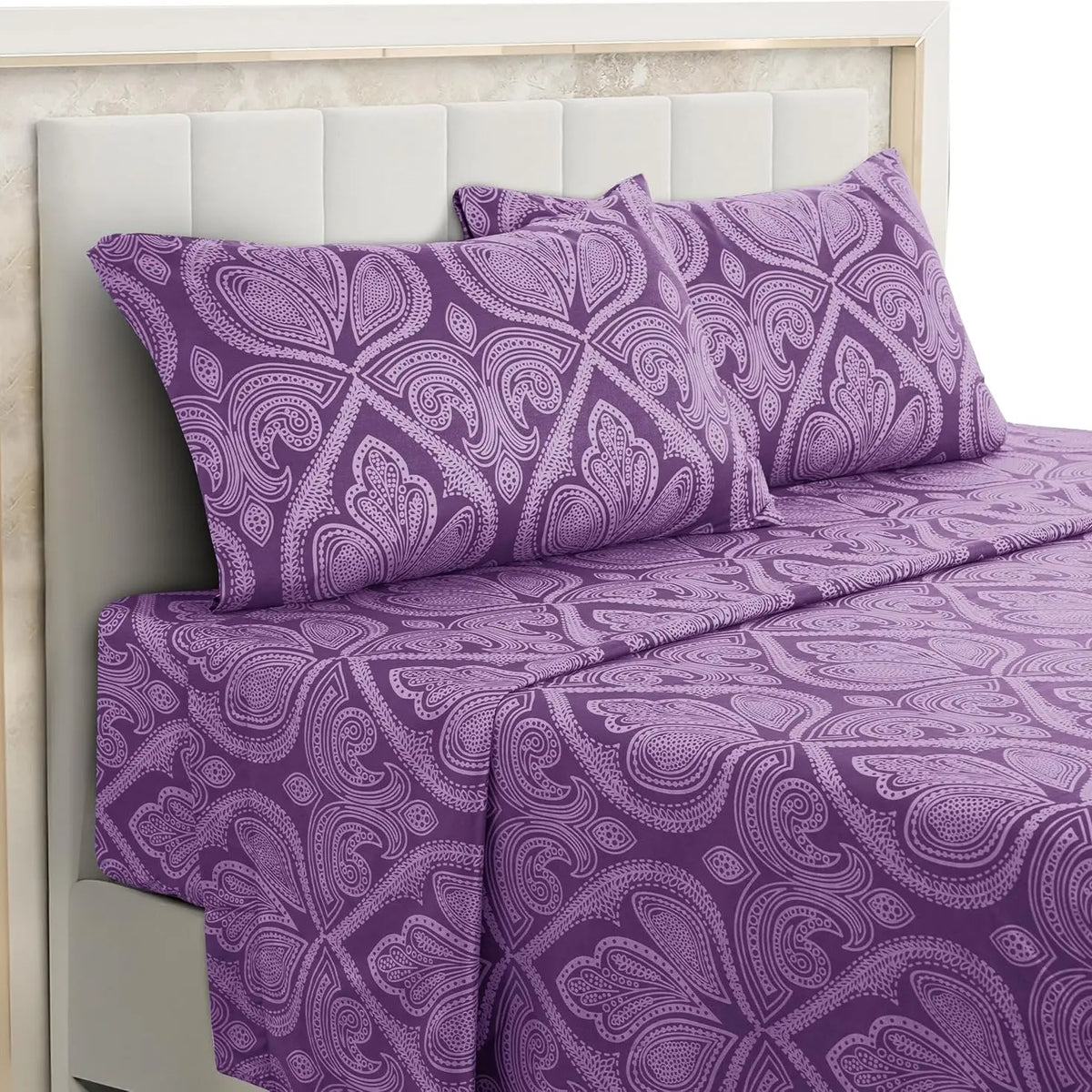 LDC Lux Decor Collection 4-Piece Soft Breathable Decorative Bedsheet Set - 16" Deep Pocket, Floral Bedding, Embroidered Pillowcases, Quatrefoil Design, Fade-Resistant for Long Use, Breathable Warm, Fits Queen/King/California King