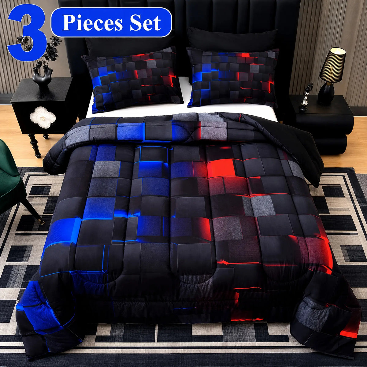 [Weekly Deal] 3/6/7Pcs Geometric Plaid Comforter Set – Modern Blue Cyber Grid Print, All Season Lightweight Bedding with fit Sheets, Soft Breathable Microfiber for Bedroom Dorm mid year sale