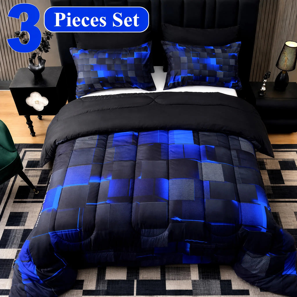 [Weekly Deal] 3/6/7Pcs Geometric Plaid Comforter Set – Modern Blue Cyber Grid Print, All Season Lightweight Bedding with fit Sheets, Soft Breathable Microfiber for Bedroom Dorm mid year sale