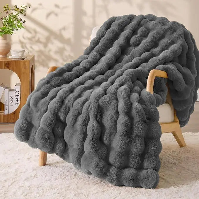 Faux Rabbit Fur Bubble Throw Blanket - Soft Texture, Plush Fur, Cozy Look, Bubble Shape Indoor Furniture Accessory, Random Color Charm, All-Season Warm Gift for Women, Indoor Use for Couch/Bed (1 Item Max per Customer)