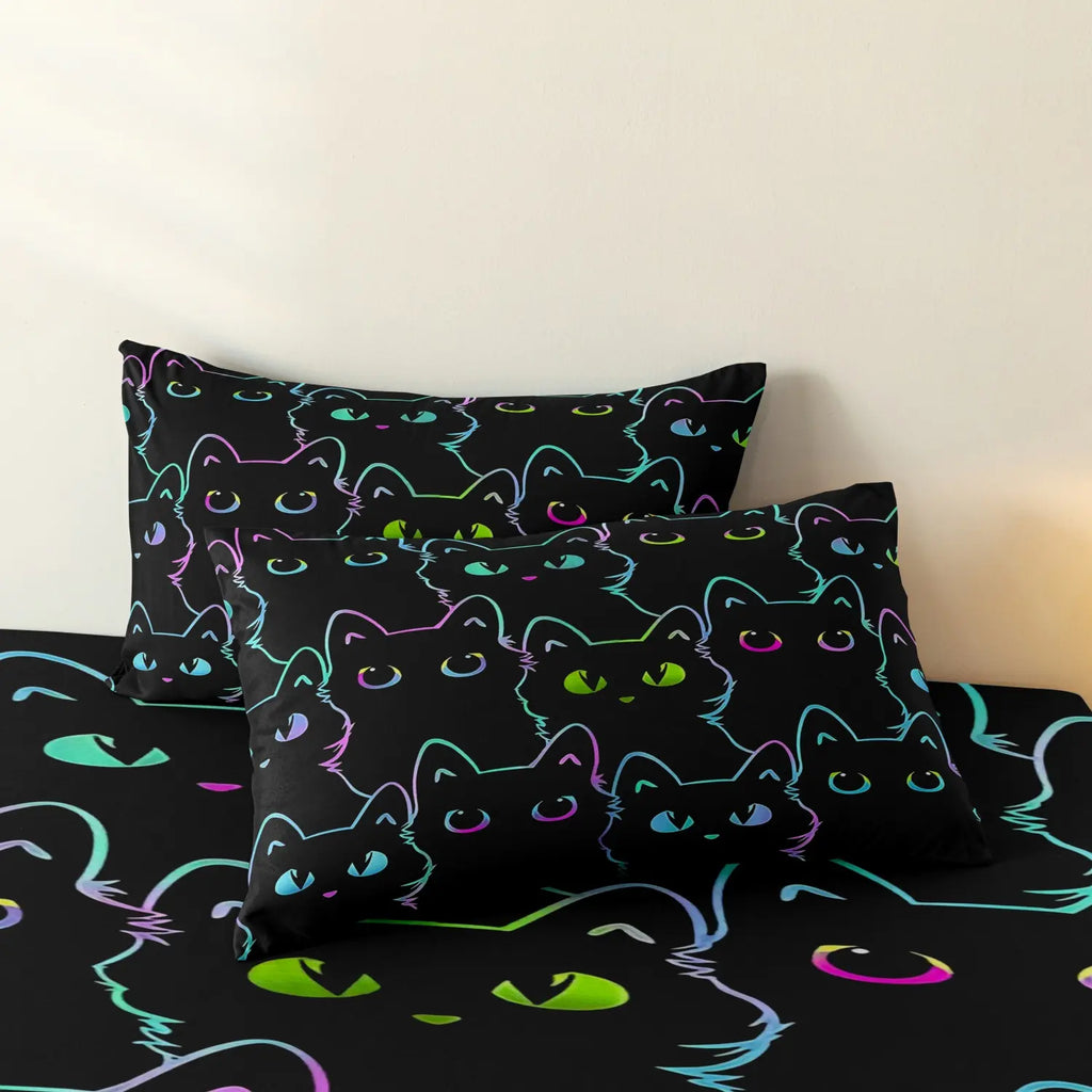 3 Pieces Black Outline Black Cat Fitted Sheet Set, Cute Kitten Pet Animal Print Bedding, Soft Microfiber Gothic  Bedding Decor for Teens Adults, Bedding Sets (1 Duvet Cover + 2 Pillowcases, No Comforter No Pillow)