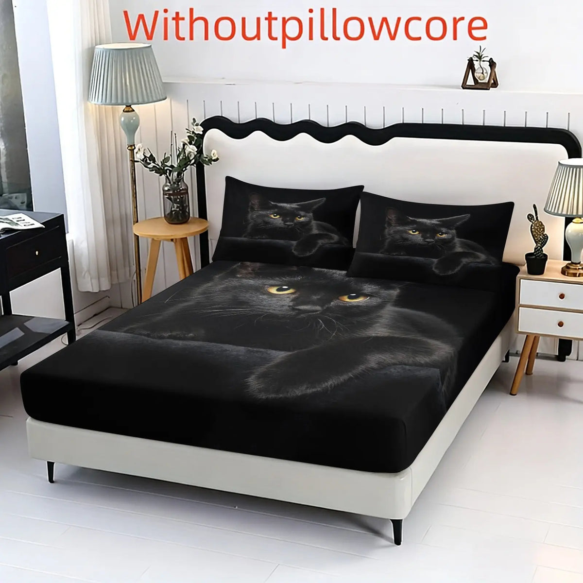 3PCS Black Cute Cat Pattern Printed Bed Sheet Three Piece Set (One Bed Sheet and Two Pillowcases) Bed Sheet Height 9.8 inches, 100% Polyester Material Machine Washable - Suitable for all seasons, ideal for bedroom and dormitory decoration