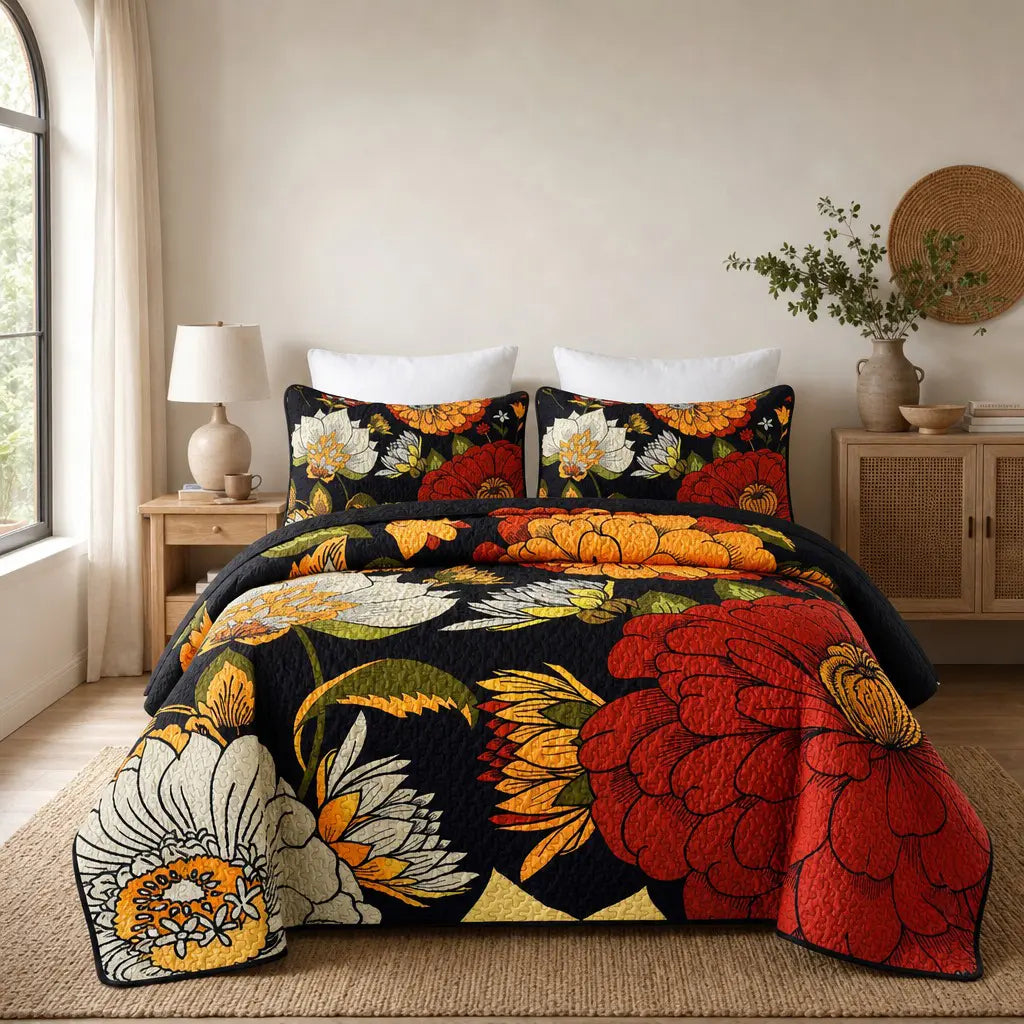2/3PC Oil Painting Vintage Floral Quilt Set – Black Background Large Floral Print, Ultra-Soft Breathable Bedding, All-Season Machine Washable for Bedroom Dorm Cozy Vibe