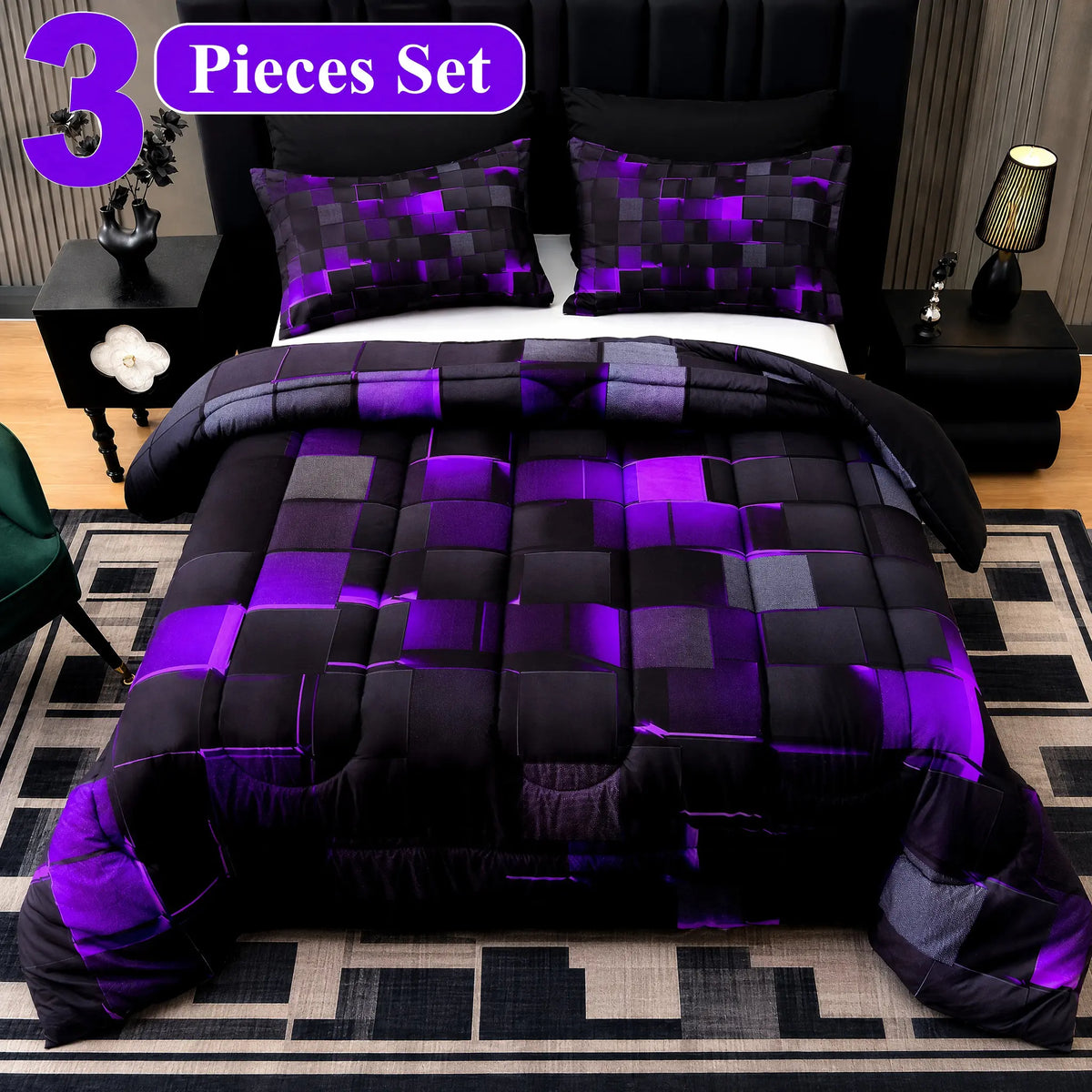 [Weekly Deal] 3/6/7Pcs Geometric Plaid Comforter Set – Modern Blue Cyber Grid Print, All Season Lightweight Bedding with fit Sheets, Soft Breathable Microfiber for Bedroom Dorm mid year sale