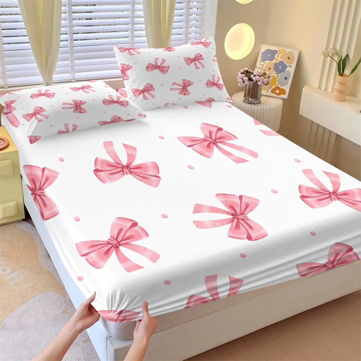 Sweet Gradient All-Over Print Bow Fitted Sheet Set, Includes 1 Fitted Sheet & 2 Coreless Pillowcases, Soft And Breathable Deep Pocket Mattress Cover, Teenage Girls’ Macaron-Style Bedding Set, Cream INS Girly Bedroom Decor, Soft Comfy Bedding