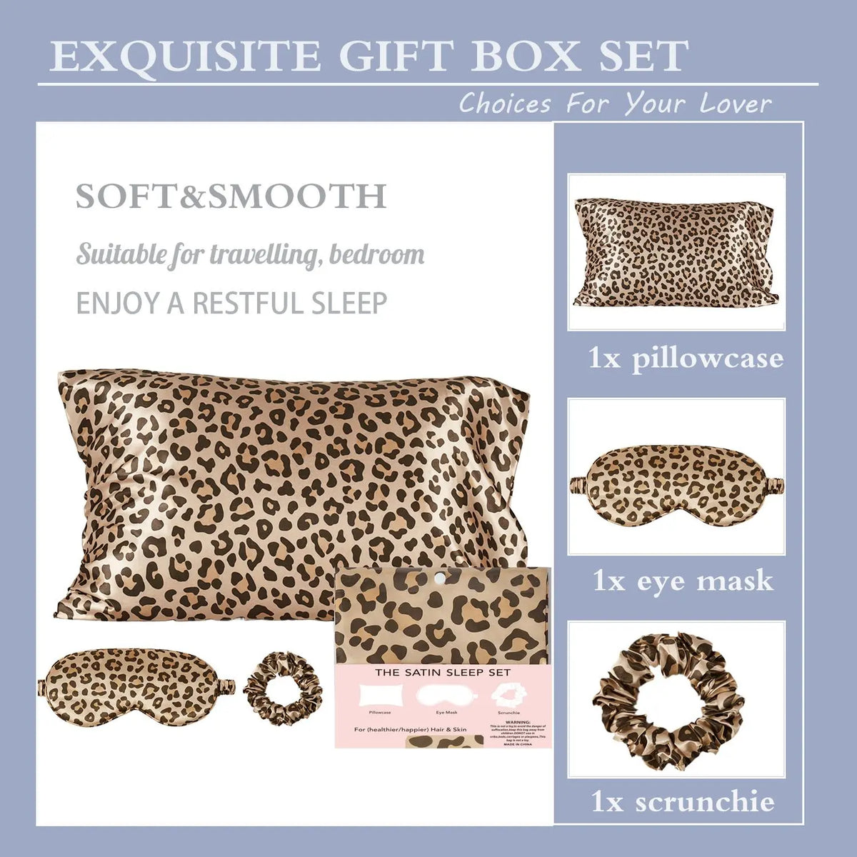 Leopard Print Pillowcase Set, 3 Counts/set Including 1 Count Pillowcase & 1 Count Scrunchie & 1 Count Eye Mask, Soft Comfortable Cozy Comfy Bedding Set for Home & Travel