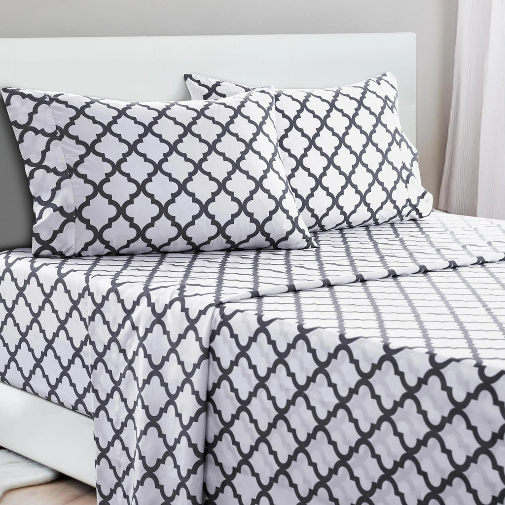 LDC Lux Decor Collection 4-Piece Soft Breathable Decorative Bedsheet Set - 16" Deep Pocket, Floral Bedding, Embroidered Pillowcases, Quatrefoil Design, Fade-Resistant for Long Use, Breathable Warm, Fits Queen/King/California King