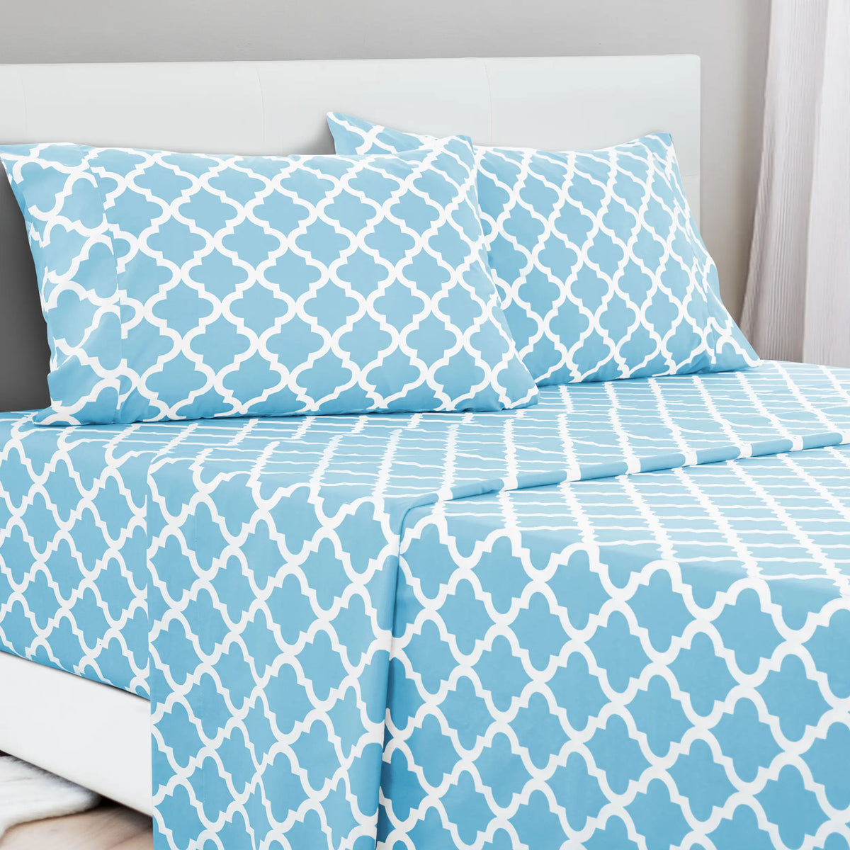 LDC Lux Decor Collection 4-Piece Soft Breathable Decorative Bedsheet Set - 16" Deep Pocket, Floral Bedding, Embroidered Pillowcases, Quatrefoil Design, Fade-Resistant for Long Use, Breathable Warm, Fits Queen/King/California King