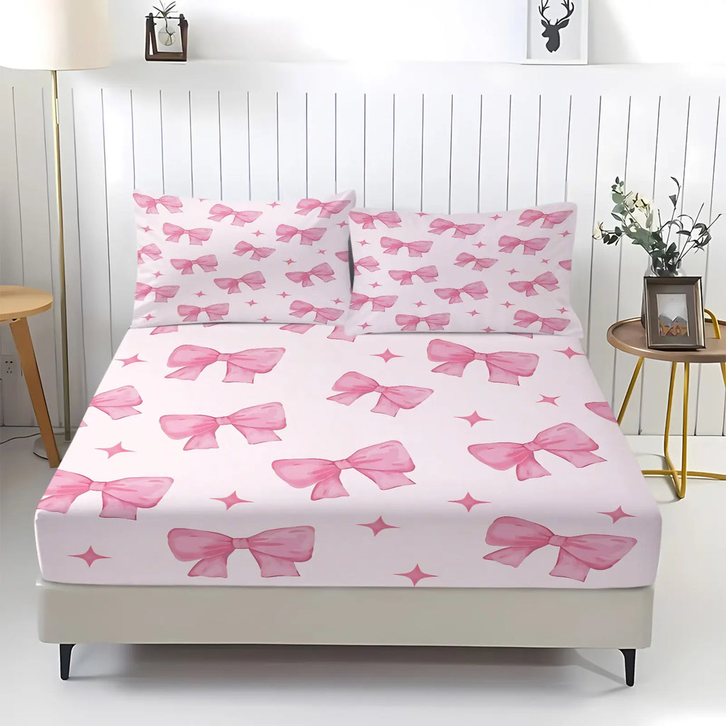Sweet Gradient All-Over Print Bow Fitted Sheet Set, Includes 1 Fitted Sheet & 2 Coreless Pillowcases, Soft And Breathable Deep Pocket Mattress Cover, Teenage Girls’ Macaron-Style Bedding Set, Cream INS Girly Bedroom Decor, Soft Comfy Bedding