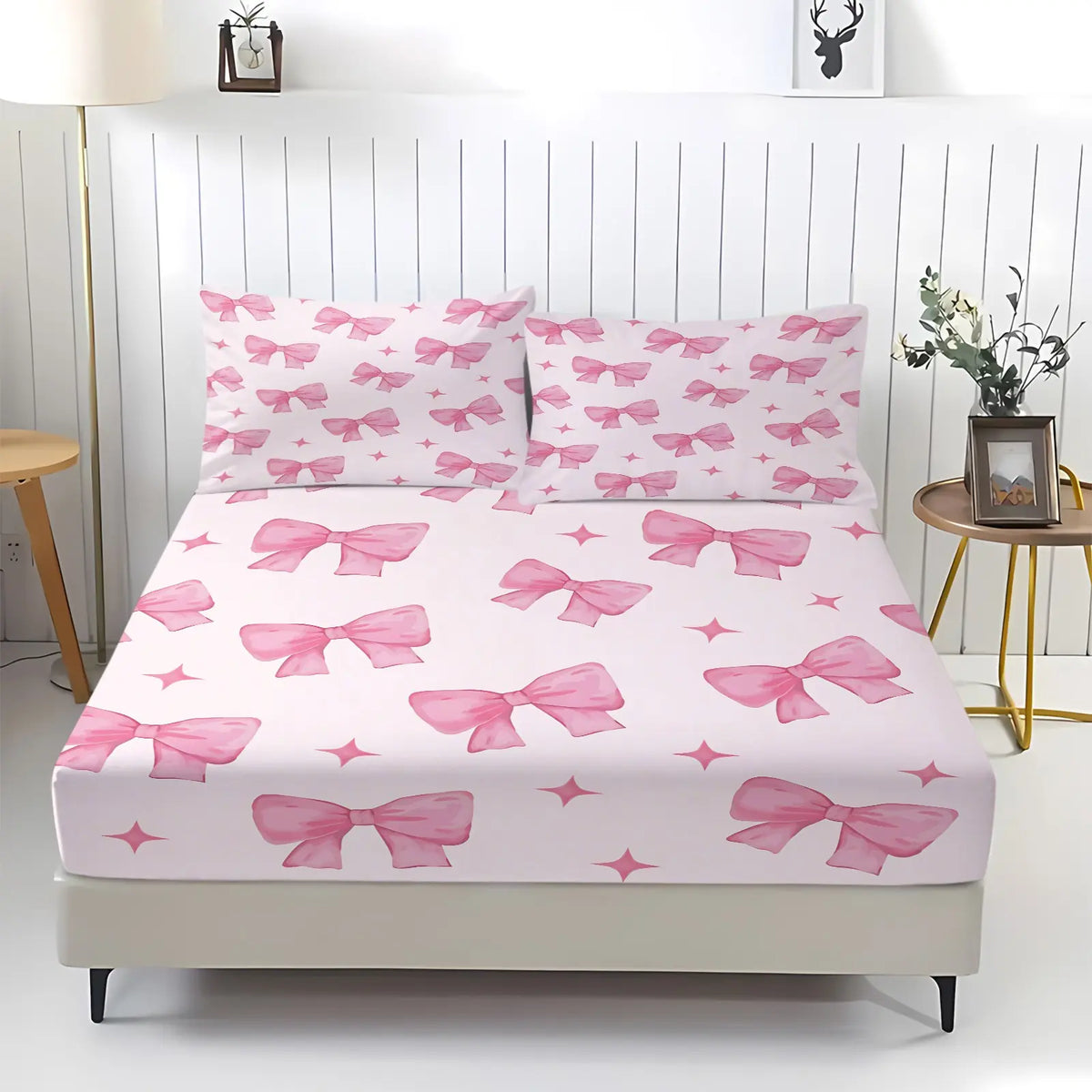 Sweet Gradient All-Over Print Bow Fitted Sheet Set, Includes 1 Fitted Sheet & 2 Coreless Pillowcases, Soft And Breathable Deep Pocket Mattress Cover, Teenage Girls’ Macaron-Style Bedding Set, Cream INS Girly Bedroom Decor, Soft Comfy Bedding