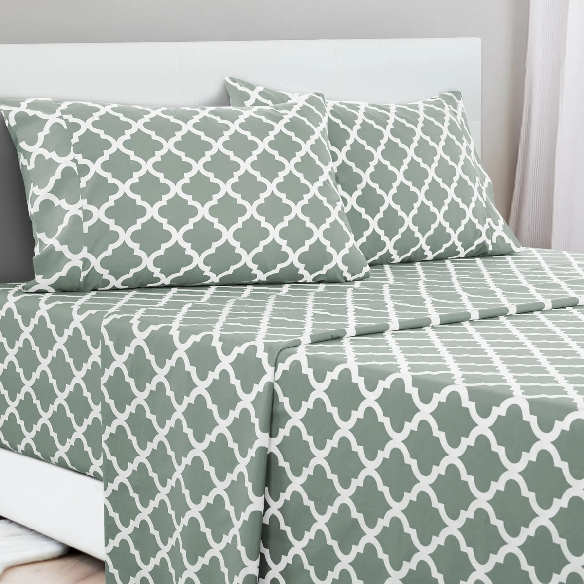 LDC Lux Decor Collection 4-Piece Soft Breathable Decorative Bedsheet Set - 16" Deep Pocket, Floral Bedding, Embroidered Pillowcases, Quatrefoil Design, Fade-Resistant for Long Use, Breathable Warm, Fits Queen/King/California King