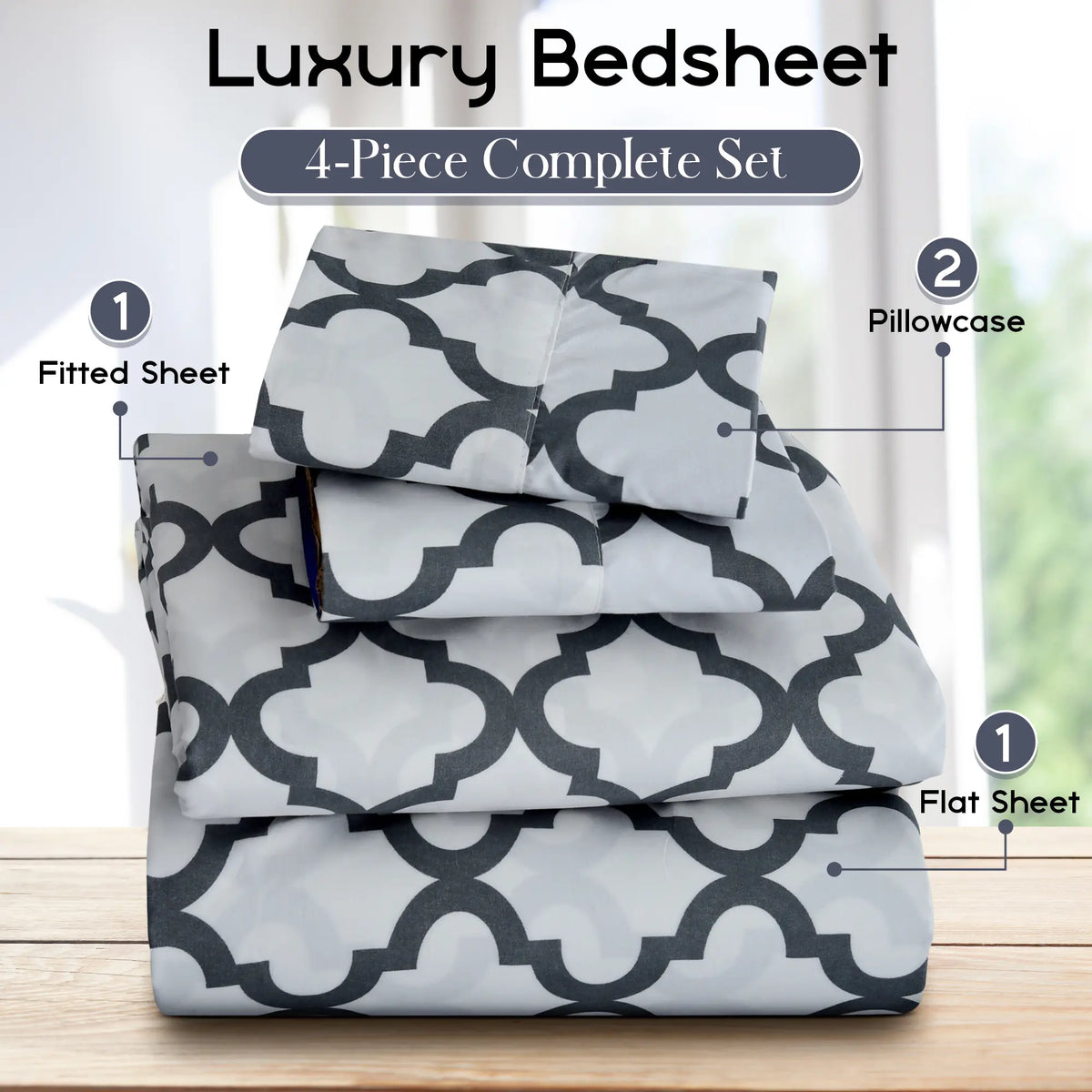 LDC Lux Decor Collection 4-Piece Soft Breathable Decorative Bedsheet Set - 16" Deep Pocket, Floral Bedding, Embroidered Pillowcases, Quatrefoil Design, Fade-Resistant for Long Use, Breathable Warm, Fits Queen/King/California King