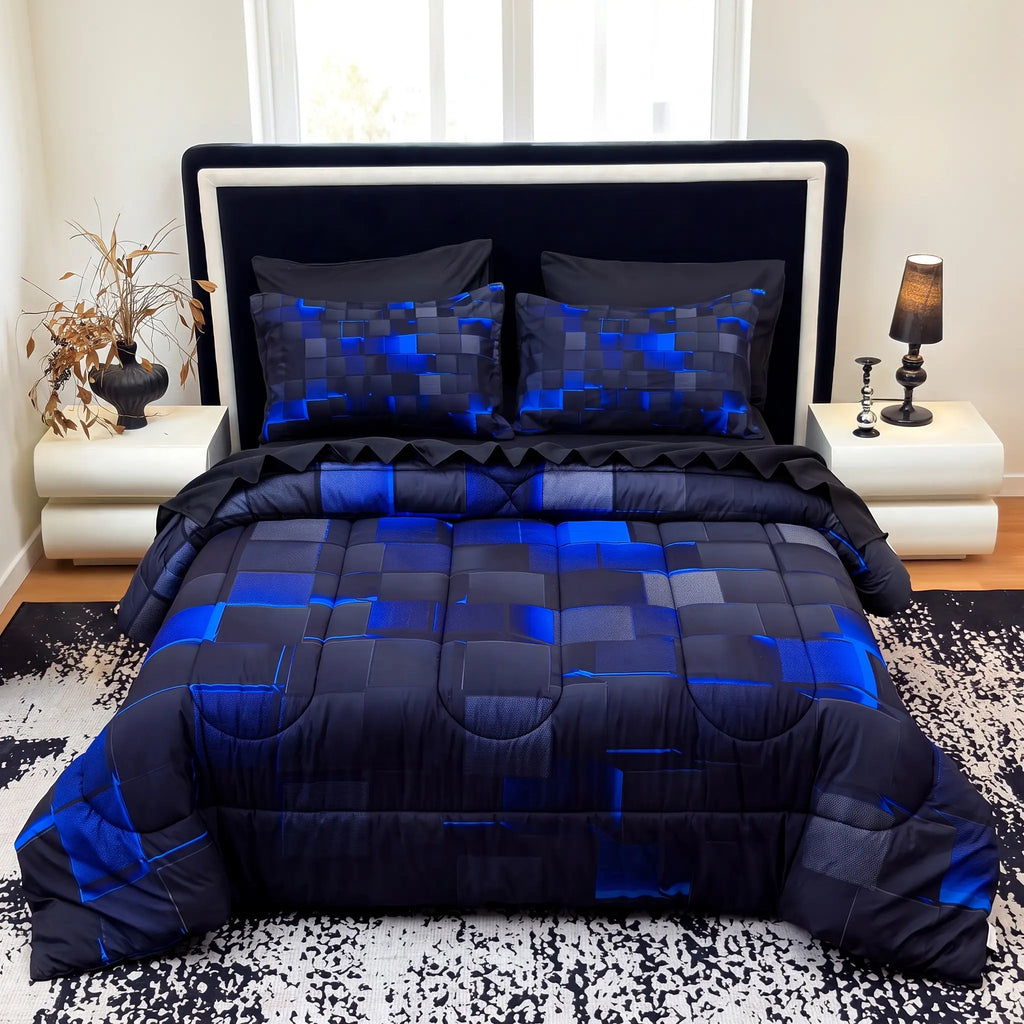 [Weekly Deal] 3/6/7Pcs Geometric Plaid Comforter Set – Modern Blue Cyber Grid Print, All Season Lightweight Bedding with fit Sheets, Soft Breathable Microfiber for Bedroom Dorm mid year sale