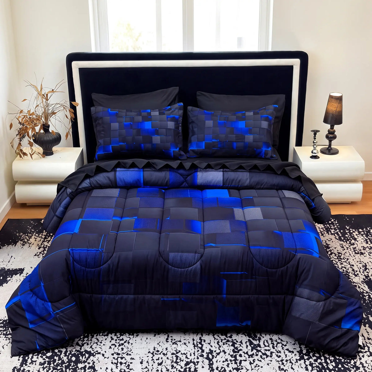 [Weekly Deal] 3/6/7Pcs Geometric Plaid Comforter Set – Modern Blue Cyber Grid Print, All Season Lightweight Bedding with fit Sheets, Soft Breathable Microfiber for Bedroom Dorm mid year sale