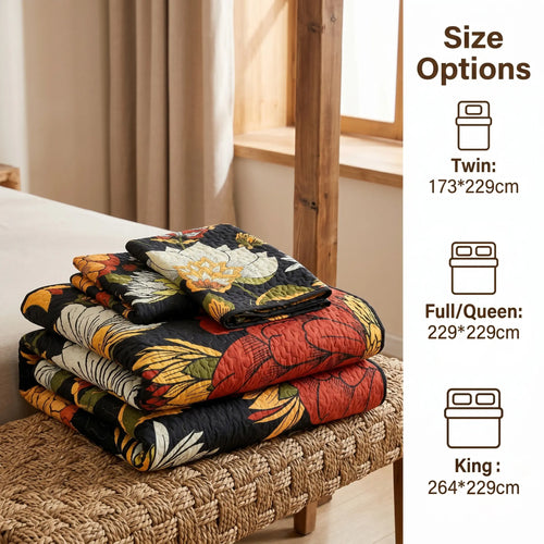 2/3PC Oil Painting Vintage Floral Quilt Set – Black Background Large Floral Print, Ultra-Soft Breathable Bedding, All-Season Machine Washable for Bedroom Dorm Cozy Vibe