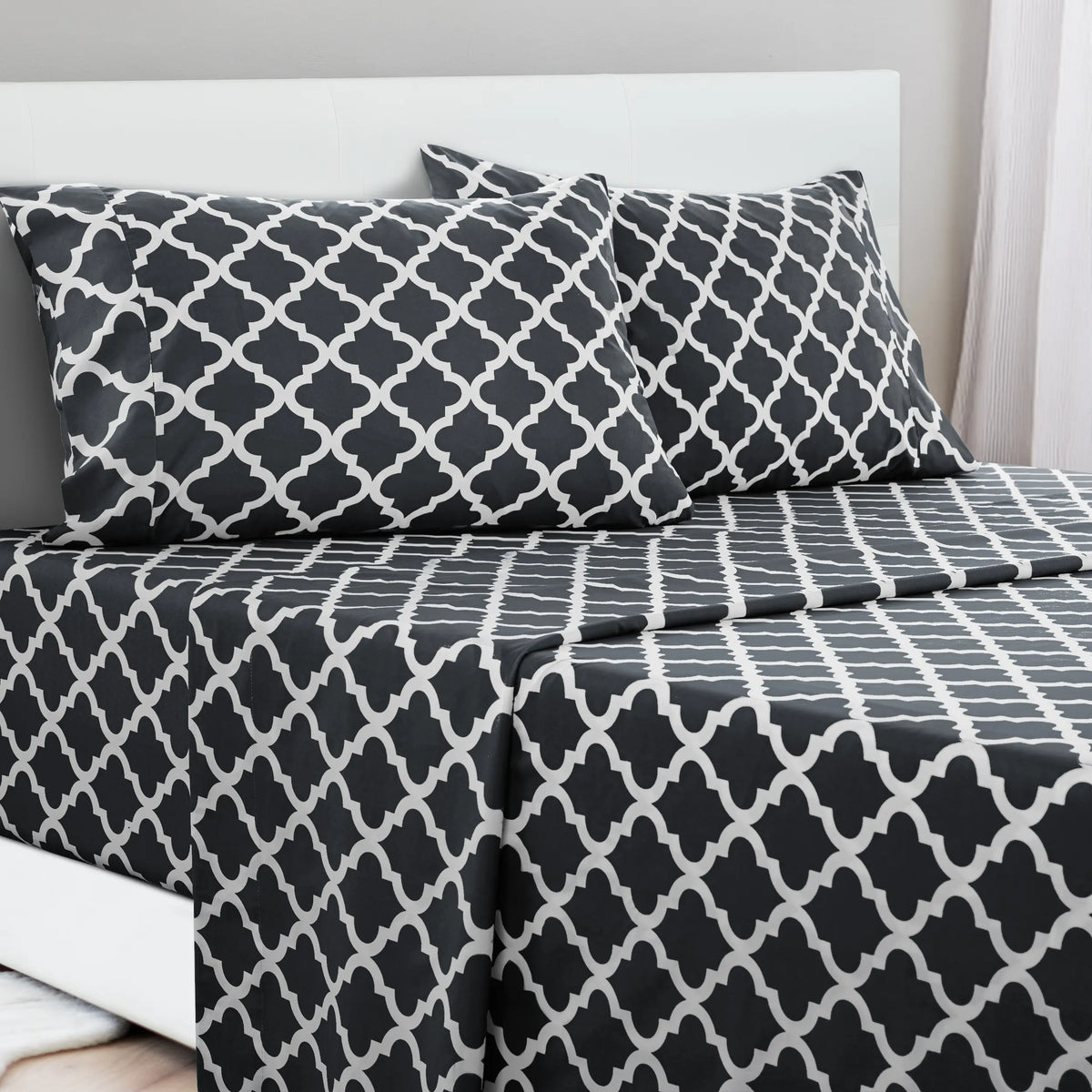 LDC Lux Decor Collection 4-Piece Soft Breathable Decorative Bedsheet Set - 16" Deep Pocket, Floral Bedding, Embroidered Pillowcases, Quatrefoil Design, Fade-Resistant for Long Use, Breathable Warm, Fits Queen/King/California King
