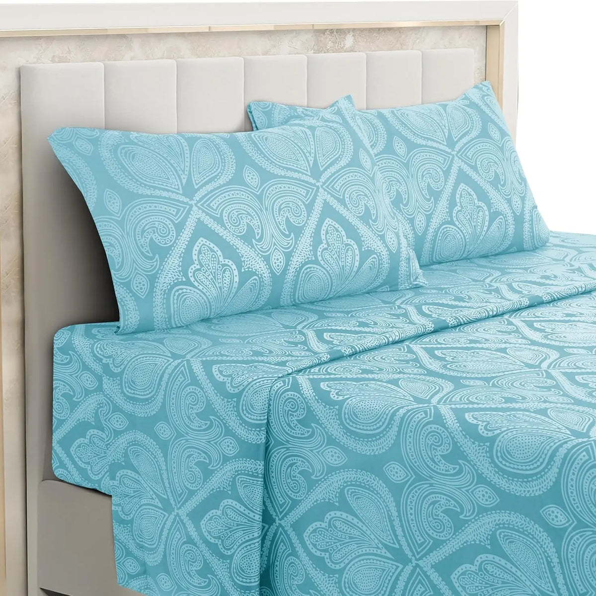 LDC Lux Decor Collection 4-Piece Soft Breathable Decorative Bedsheet Set - 16" Deep Pocket, Floral Bedding, Embroidered Pillowcases, Quatrefoil Design, Fade-Resistant for Long Use, Breathable Warm, Fits Queen/King/California King