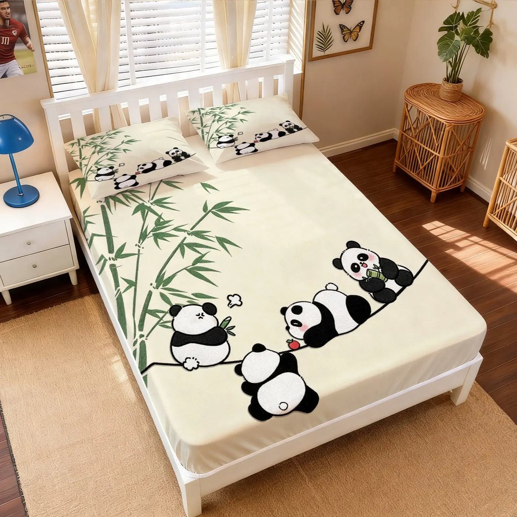 Panda Bamboo Fitted Sheet 3-Piece Set (1 Fitted Sheet + 2 Pillowcases), Cartoon Style Deep Pocket Fitted Sheet, Soft Breathable Microfiber Bedding, Bed Sheets, Bed Linens, for Teens’ Bedroom Decor, Ideal Birthday & Holiday Gifts