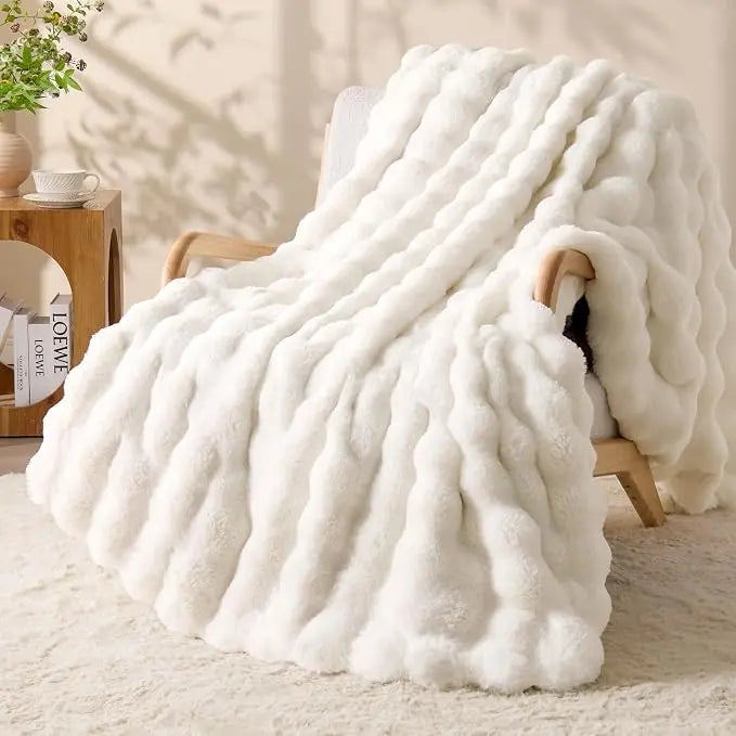 Faux Rabbit Fur Bubble Throw Blanket - Soft Texture, Plush Fur, Cozy Look, Bubble Shape Indoor Furniture Accessory, Random Color Charm, All-Season Warm Gift for Women, Indoor Use for Couch/Bed (1 Item Max per Customer)