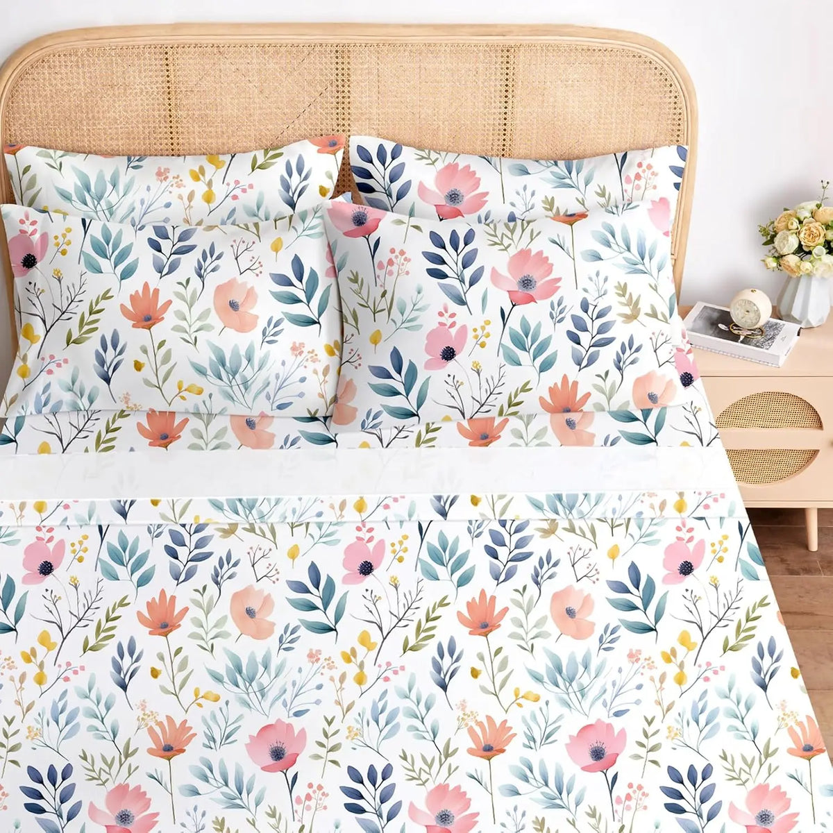 Queen Sheet Set 6 Pieces ,Cottage Core Botanical Patterned Sheets, Victorian Flower Microfiber Bedding Decor