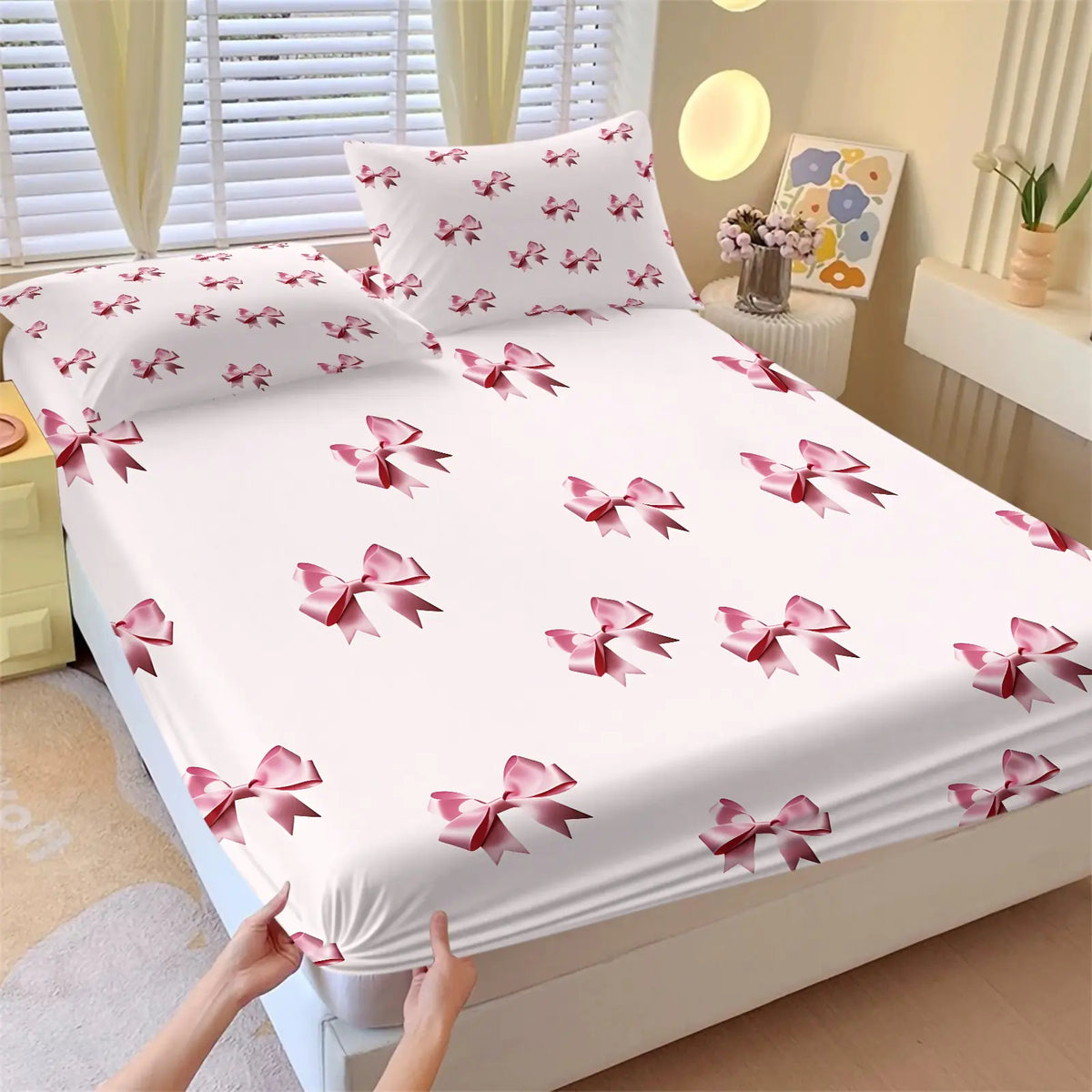 Sweet Gradient All-Over Print Bow Fitted Sheet Set, Includes 1 Fitted Sheet & 2 Coreless Pillowcases, Soft And Breathable Deep Pocket Mattress Cover, Teenage Girls’ Macaron-Style Bedding Set, Cream INS Girly Bedroom Decor, Soft Comfy Bedding
